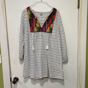 J. Crew Embroidered Tassel Tunic V Neck Long Sleeve Striped Blouse Women’s Med